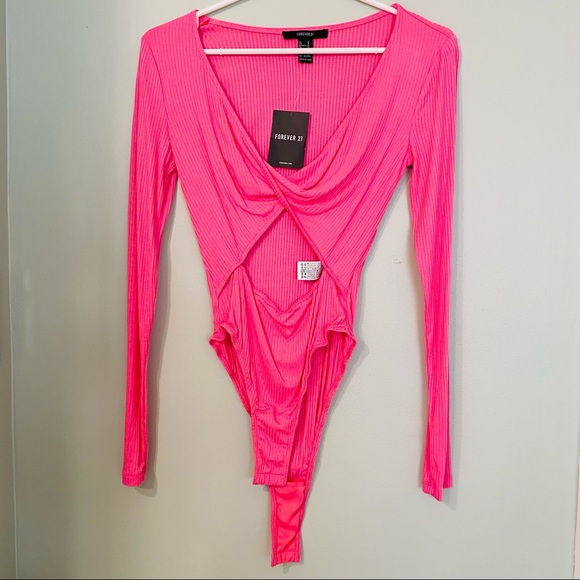 Hot Pink Bodysuit Long Sleeve V Neck Stretch Open Peekaboo Size M - Forever 21 - Picture 3 of 8